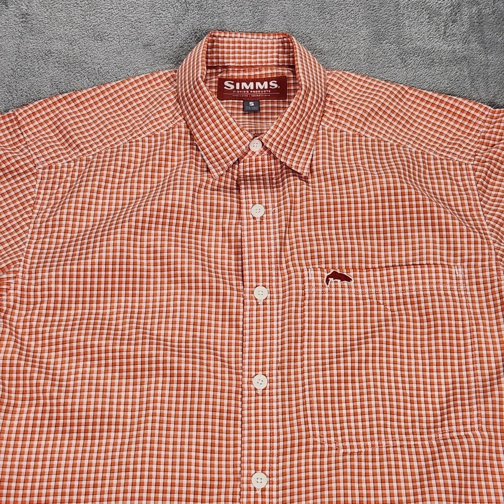 Simms Shirt Mens Small Orange Check Long Sleeve Button Up Fishing Outdoor Casual